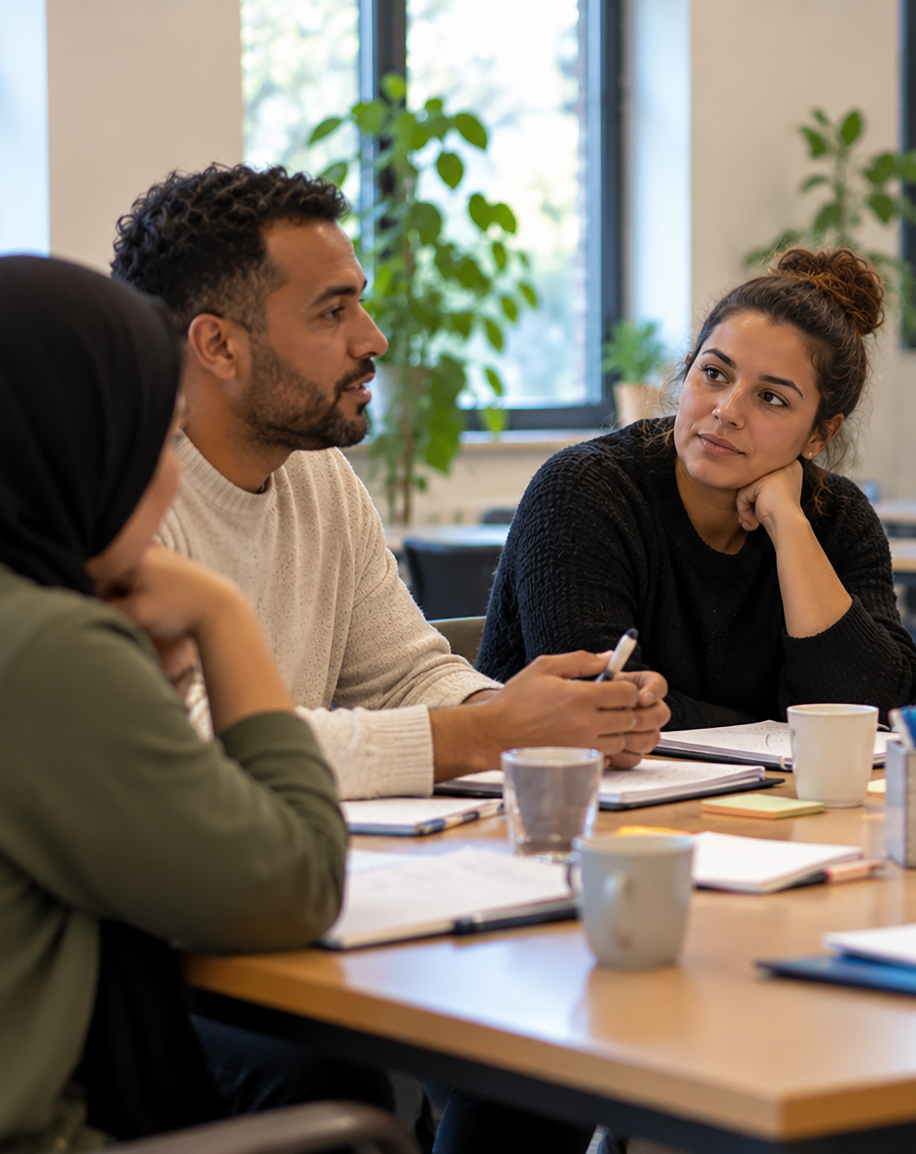 Groep mannen en vrouwen aan tafel bezig met een groepsgesprek. Op de tafel kopjes koffie, papier en een bakje met pennen